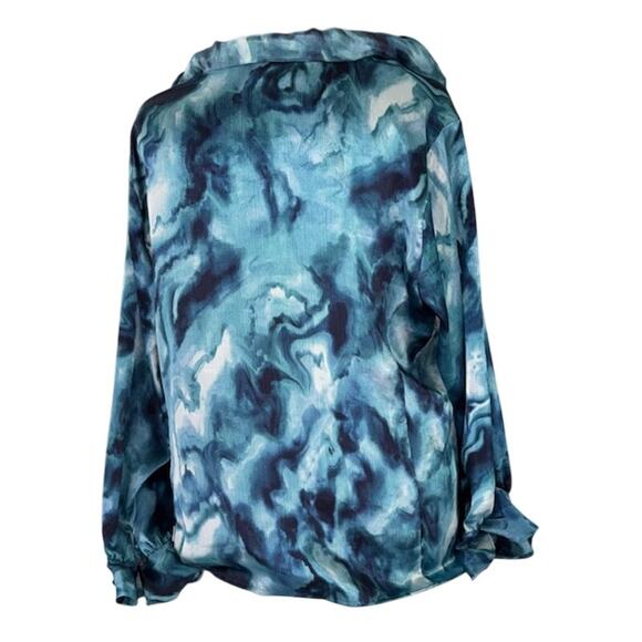 JONES NEW YORK Plus 2X Button Up Long Sleeve Agate Blue Romantic Ruffled Blouse - Picture 2 of 8